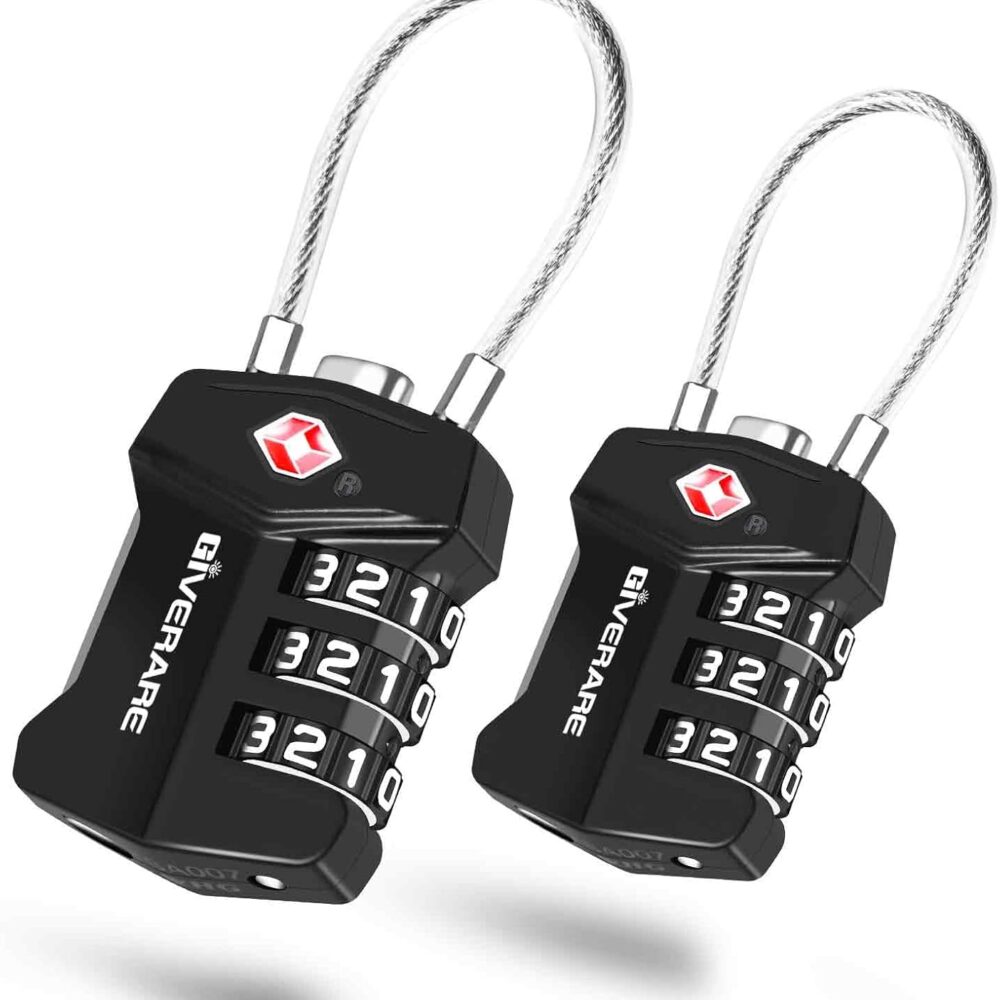 2 Pack TSA Approved Travel Luggage Locks, Cable Combination Lock Alloy, Metal Keyless 3-Digit Padlocks, Weatherproof TSA Accepted Padlock for Gym Locker, Golf Bag Case, Backpack, Black-by GIVERARE