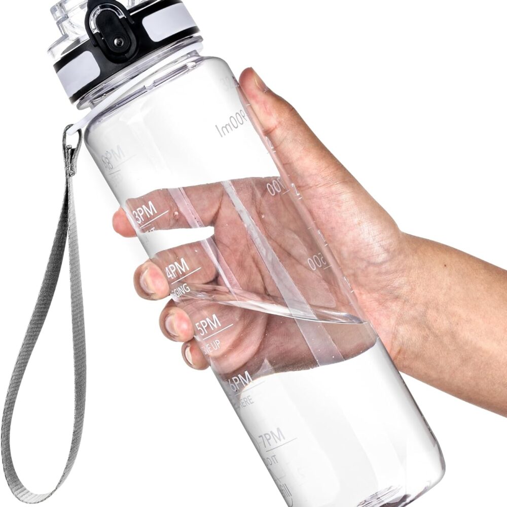 OLDLEY Water Bottle, 32oz Motivational Sports Water Bottle with Time Marker - Times to Drink - Tritan, BPA Free, Wide Mouth Leakproof, Clear (1 Bottle)